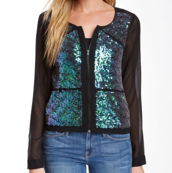 BCBG Mermaid Sequin Sheer Zip Front Bomber Jacket - Picture 2 of 9
